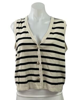 Illusory Women's Cream Black Striped Sleeveless Button Up Crop Cardigan Size L
